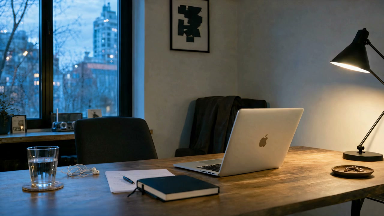An empty dusk desk and an open Mac, waiting for the next dictation.